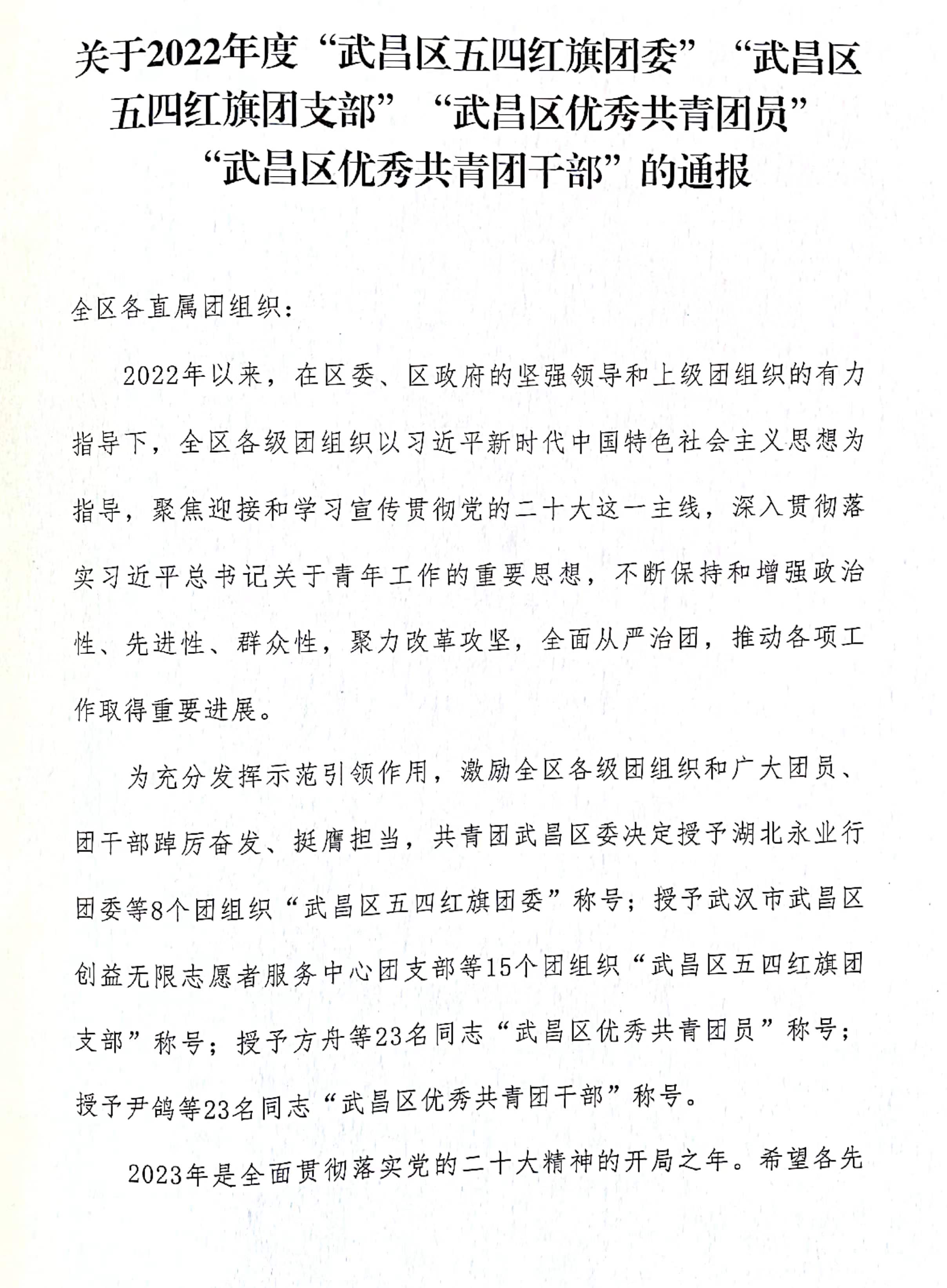 喜报！团武昌区委表彰Beat365官网四个先进集体和个人！