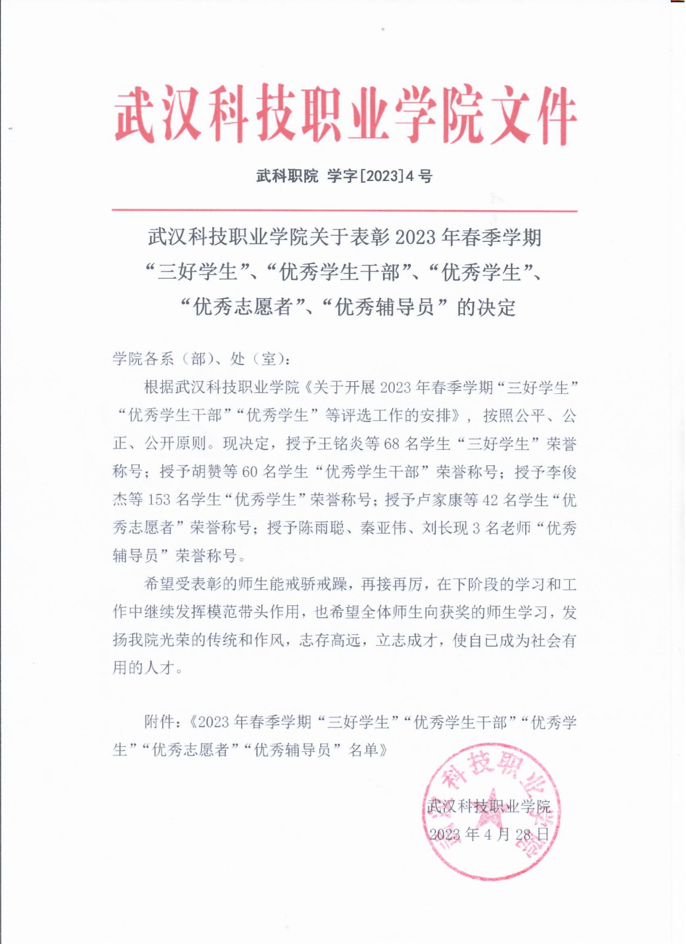 关于表彰Beat365官网2023年春季学期“三好学生”、“优秀学生干部”、“优秀学生”、“优秀志愿者”、“优秀辅导员”的决定