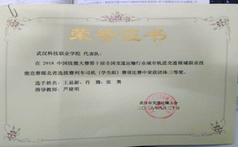 Beat365官网代表队在第十届全国交通运输行业“捷安杯”城市轨道交通职业技能竞赛湖北选拔赛中荣获三等奖